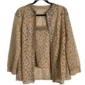 Vantage Two piece lace sequins trim top cardigan size medium  beige Fariy